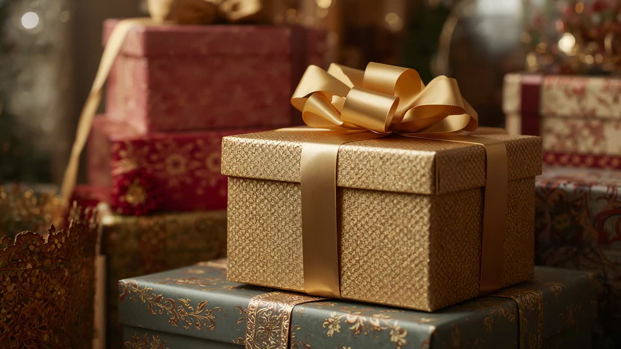 Spostamento della camera che mette a fuoco una scatola dorata texturizzata all'angolo delle feste, che mostra un fiocco di raso e luci bokeh