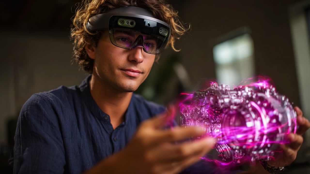 Esplorazione di tecnologie innovative: un giovane che utilizza occhiali avanzati per la realtà aumentata per interagire con elementi digitali in un ambiente di lavoro creativo