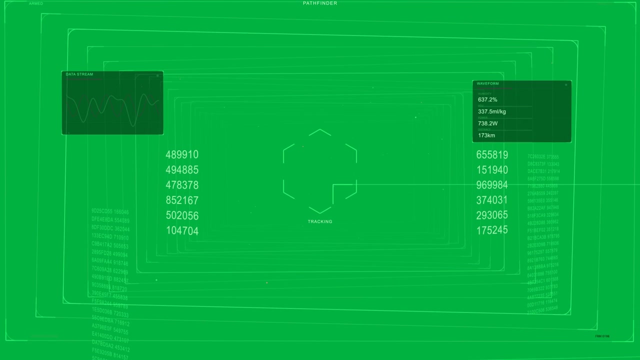 HUD booting, nesting frames inward while data updating and TRACKING reticle guiding, transparent