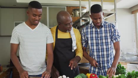 Afroamerikanischer-älterer-Vater-Und-Zwei-Erwachsene-Söhne-Stehen-In-Der-Küche,-Kochen-Abendessen-Und-Reden