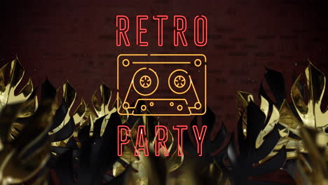 animación del texto de la fiesta retro y el icono de la radio sobre hojas en fondo de ladrillo