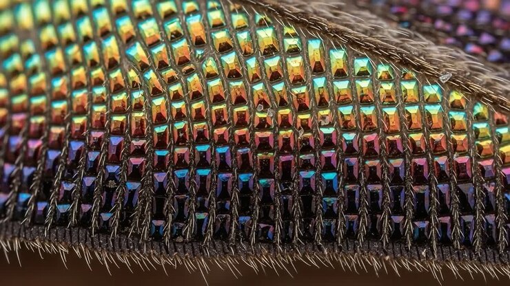 Esplorando le intricate microstrutture di ali di insetti colorate, catturate con dettagli mozzafiato attraverso tecniche di imaging ad alto ingrandimento.