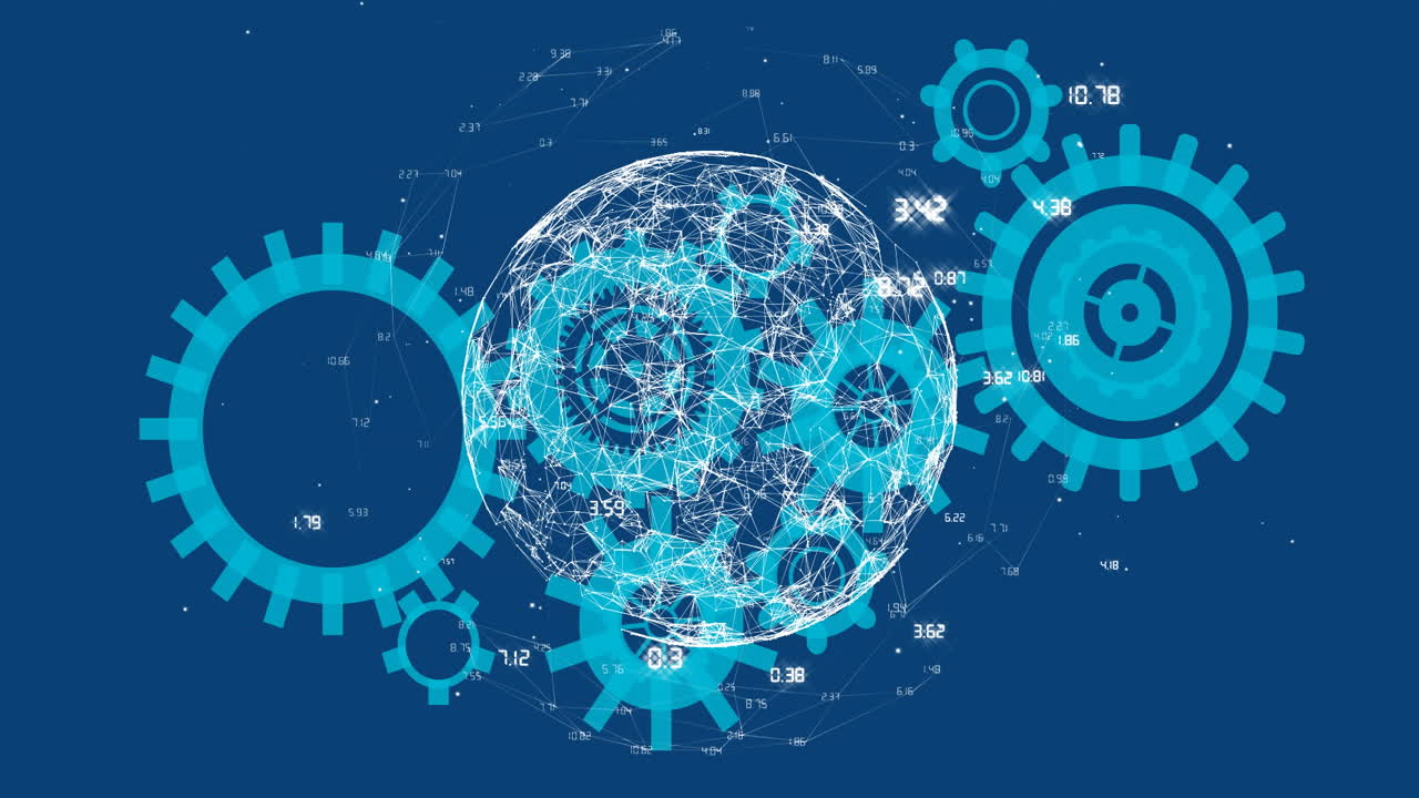 파란색 배경에 기어 및 연결 네트워크 애니메이션