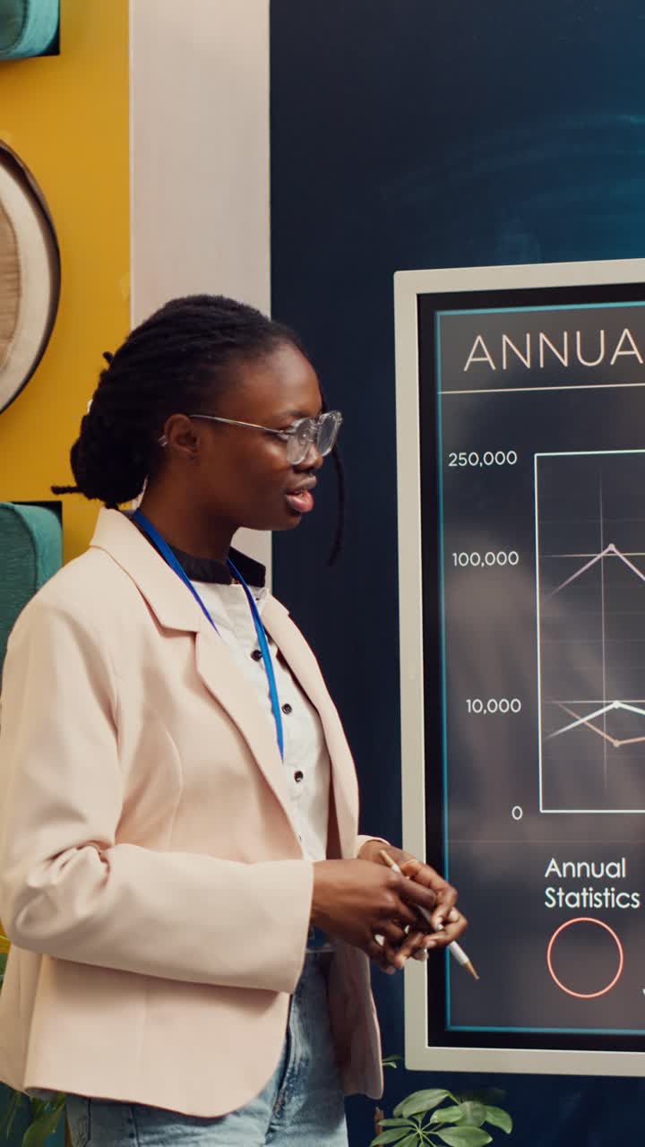 African American Businesswoman Presenting Annual Report on Digital Screen