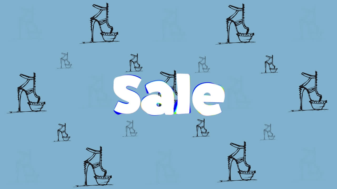 анимация текста продажи и значков обуви на синем фоне