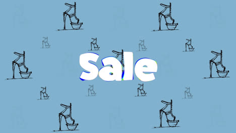 animación del texto de venta y los iconos de zapatos sobre fondo azul