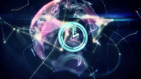 animation of globe with network of connections over clock moving fast