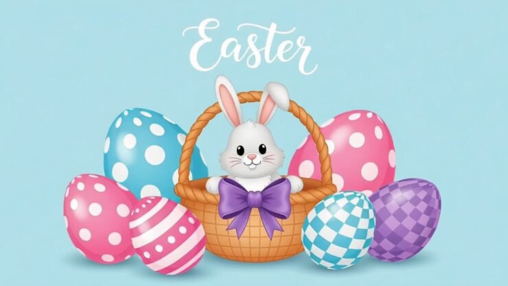 Easter bunny animated greeting card with painted eggs
