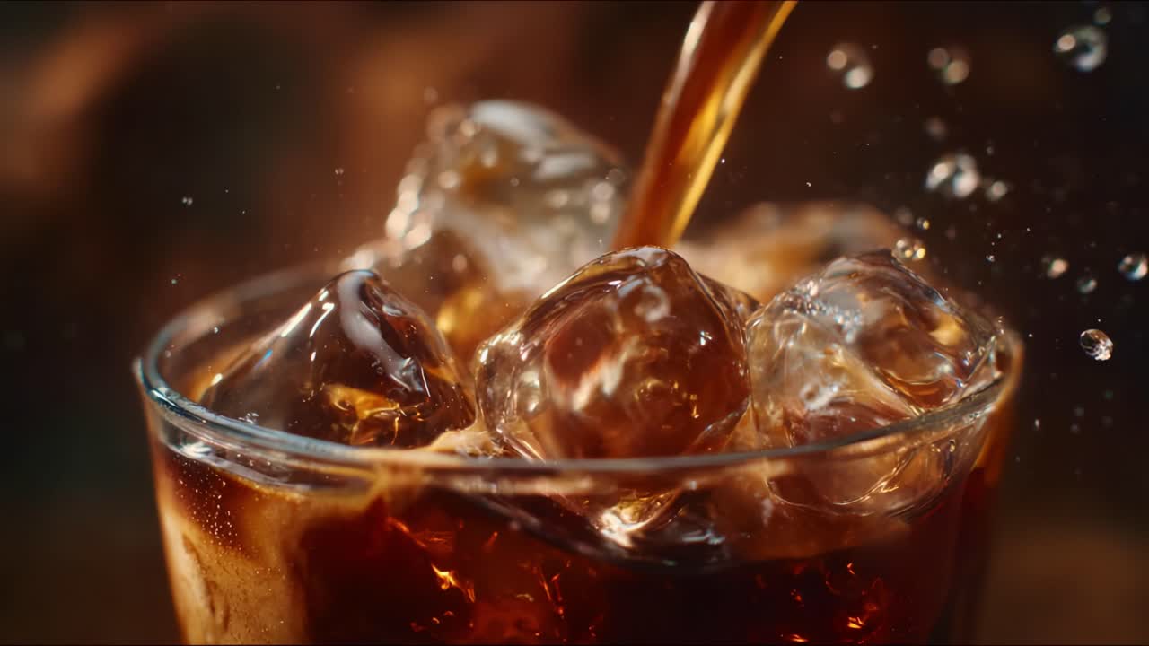 Una rinfrescante bevanda ghiacciata con cubetti di ghiaccio e frizzante effervescenza ripresa in primo piano, per un'esperienza sensazionale.