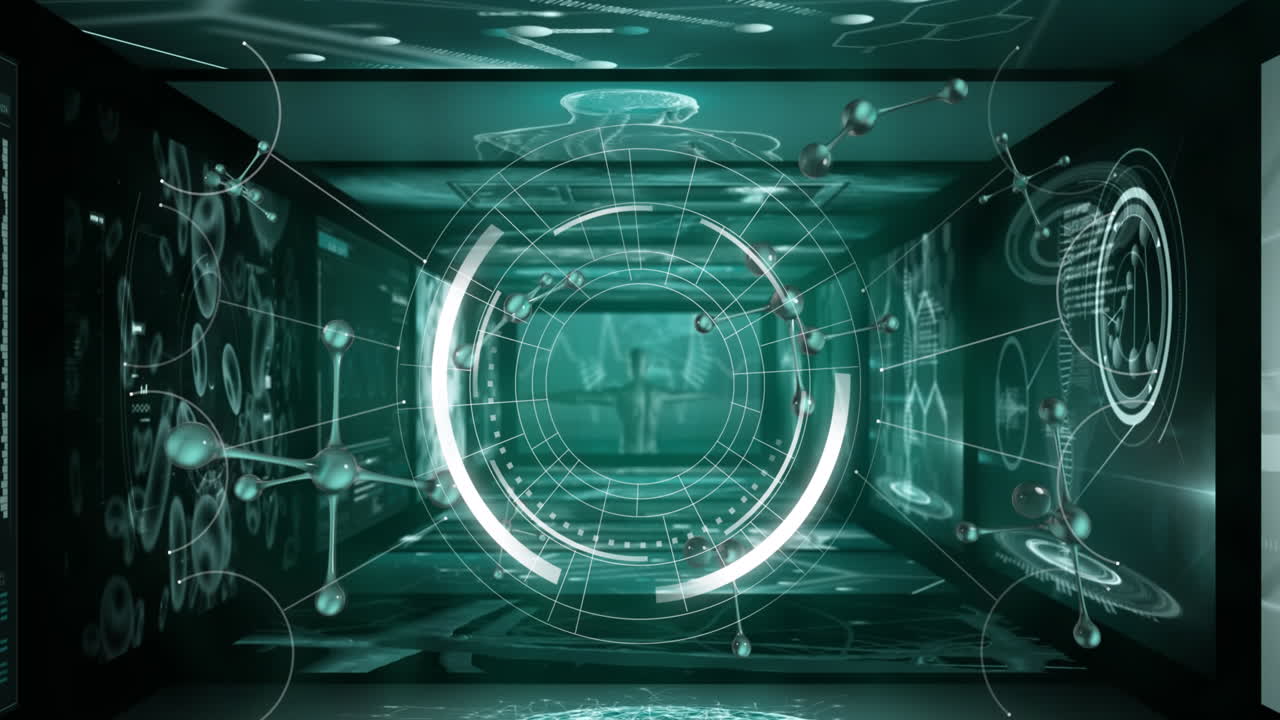 둥근 스캐너와 분자 구조의 애니메이션을 의료 데이터 처리를 가진 화면에 대비합니다.