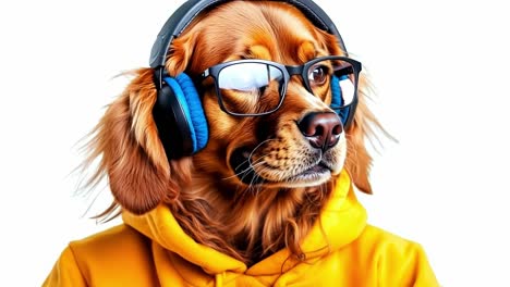 a dog wearing glasses and headphones on a white background