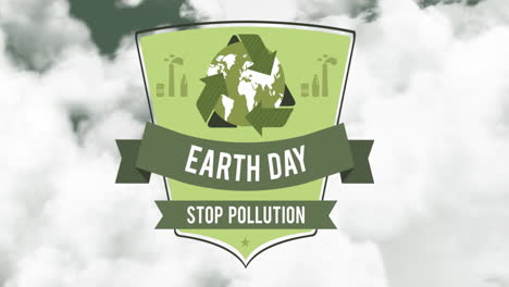 animation of shield with recycling and earth day on cloudy sky