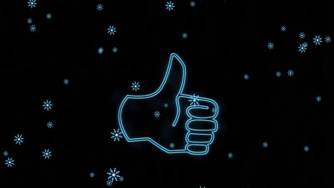 Digital-animation-of-snowflakes-falling-over-thumbs-icon-neon-symbol-against-black-background