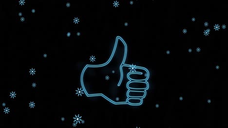 animación digital de copos de nieve cayendo sobre los pulgares icono símbolo de neón contra fondo negro