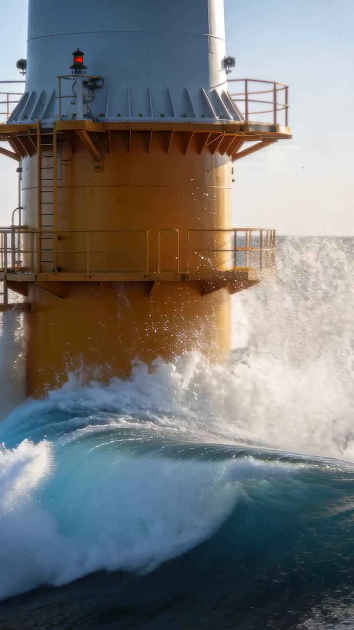 Video verticale: Onda ripida che si abbatte su una torre gialla, infrangendosi e spruzzando la ringhiera, mettendo alla prova la sicurezza in mare.