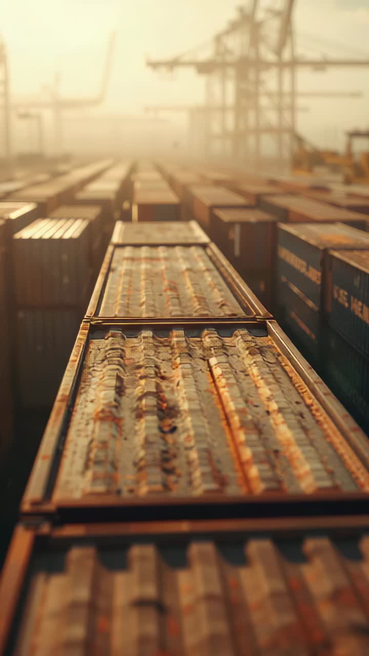 Vertical video: Camera starting tracking centered containers, revealing rust and cranes at port