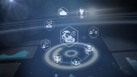 animación de múltiples iconos digitales que giran sobre la interfaz con procesamiento de datos y punto de luz