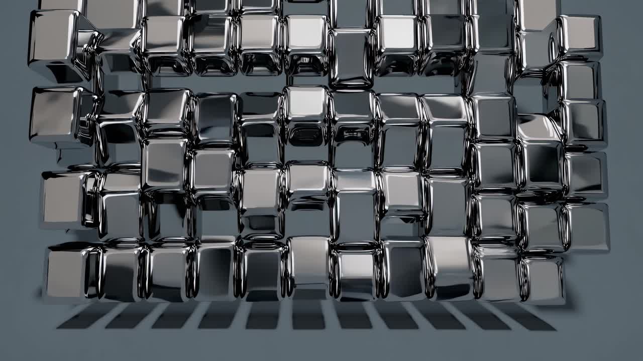 Dynamic sequence of reflective metallic cubes shifting and rearranging in a mesmerizing pattern, showcasing fluid motion and depth in a captivating visual display
