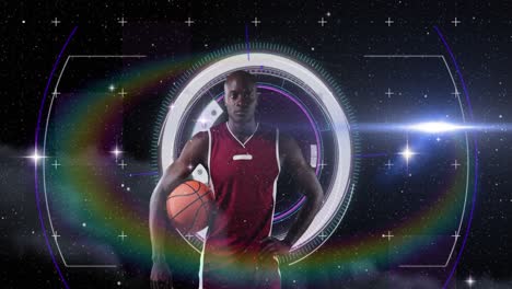 animation of african american male basketball player holding ball over scope scanning