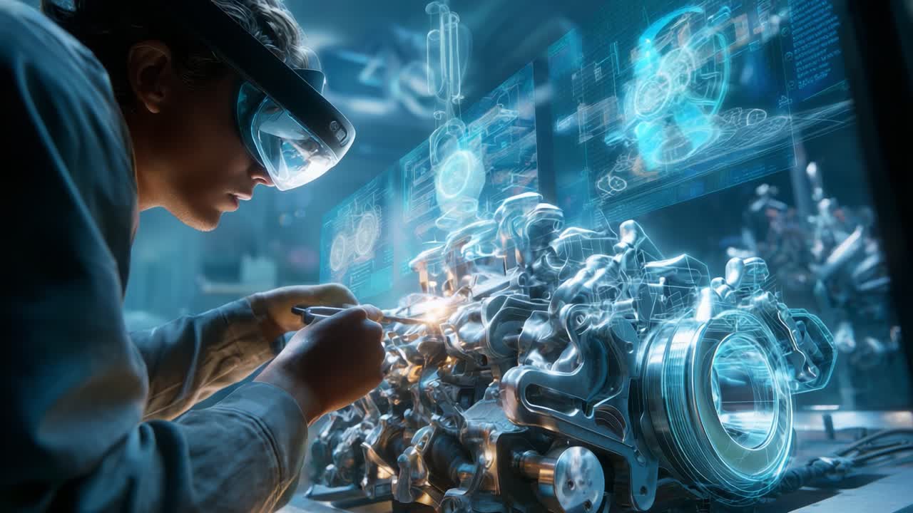 A focused engineer utilizing augmented reality technology to meticulously examine and enhance a complex mechanical assembly, highlighting innovation in engineering and design processes