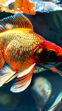 a goldfish is swimming in a clear glass bowl. the bowl is filled with water and bubbles vertical video