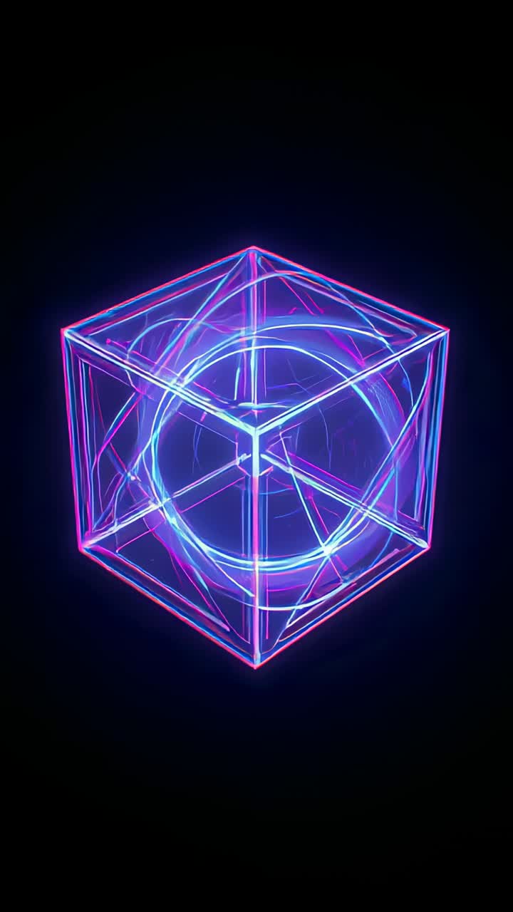 Vertical video: Rotating neon wireframe cube in black void revealing sides and core emitting glow