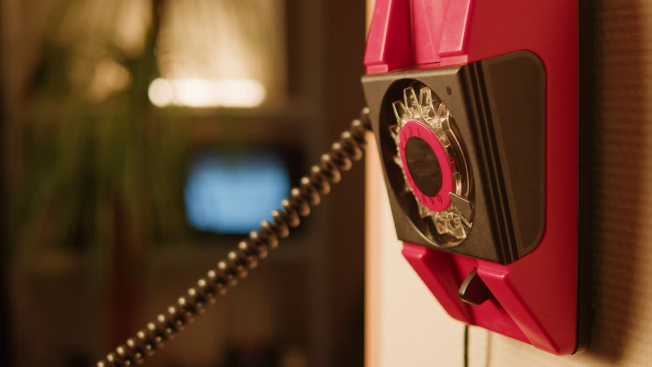 Retro vintage phone, red rotary telephone is displayed on a wooden desk, adding a nostalgic touch