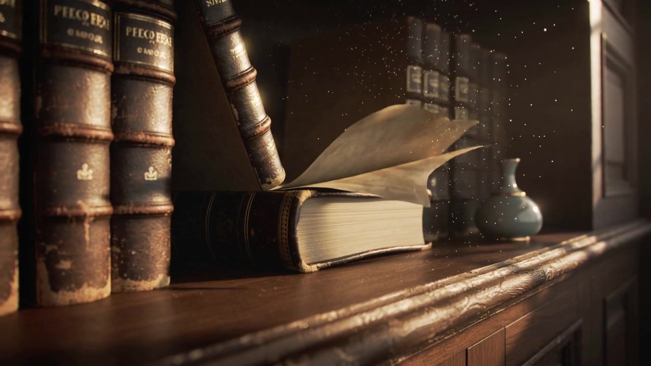 Raggi di sole che filtrano dalla finestra, smuovendo pagine sparse su un libro chiuso accanto a libri in pelle, granelli di polvere.