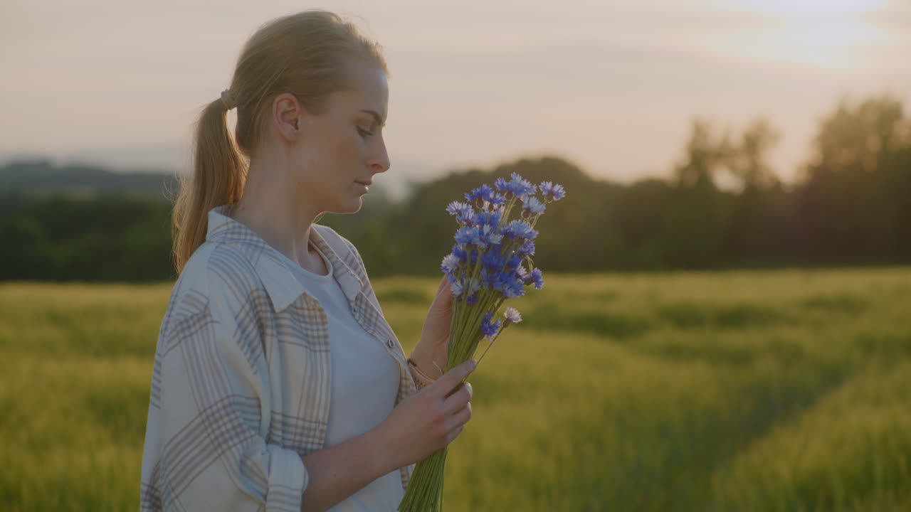Beautiful Woman Hugs Bouquet of Cornflowers With Joy