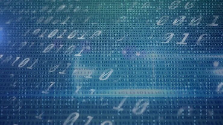 Animation of binary coding data processing on blue background