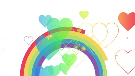 Animation-of-rainbow-hearts-over-rainbow-on-white-background