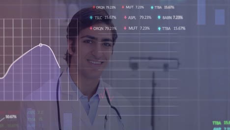 Animación-Del-Procesamiento-De-Datos-Del-Mercado-De-Valores-Sobre-Un-Médico-Birracial-Escribiendo-En-El-Portapapeles-Del-Hospital