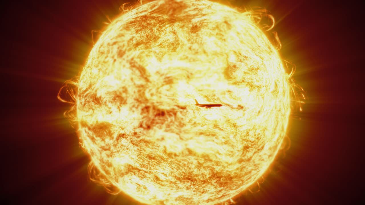 Airplane silhouette flies over the sun