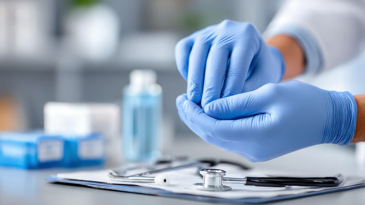 Um profissional de saúde se preparando para um procedimento com luvas estéreis em um ambiente clínico, enfatizando a higiene e a segurança do paciente