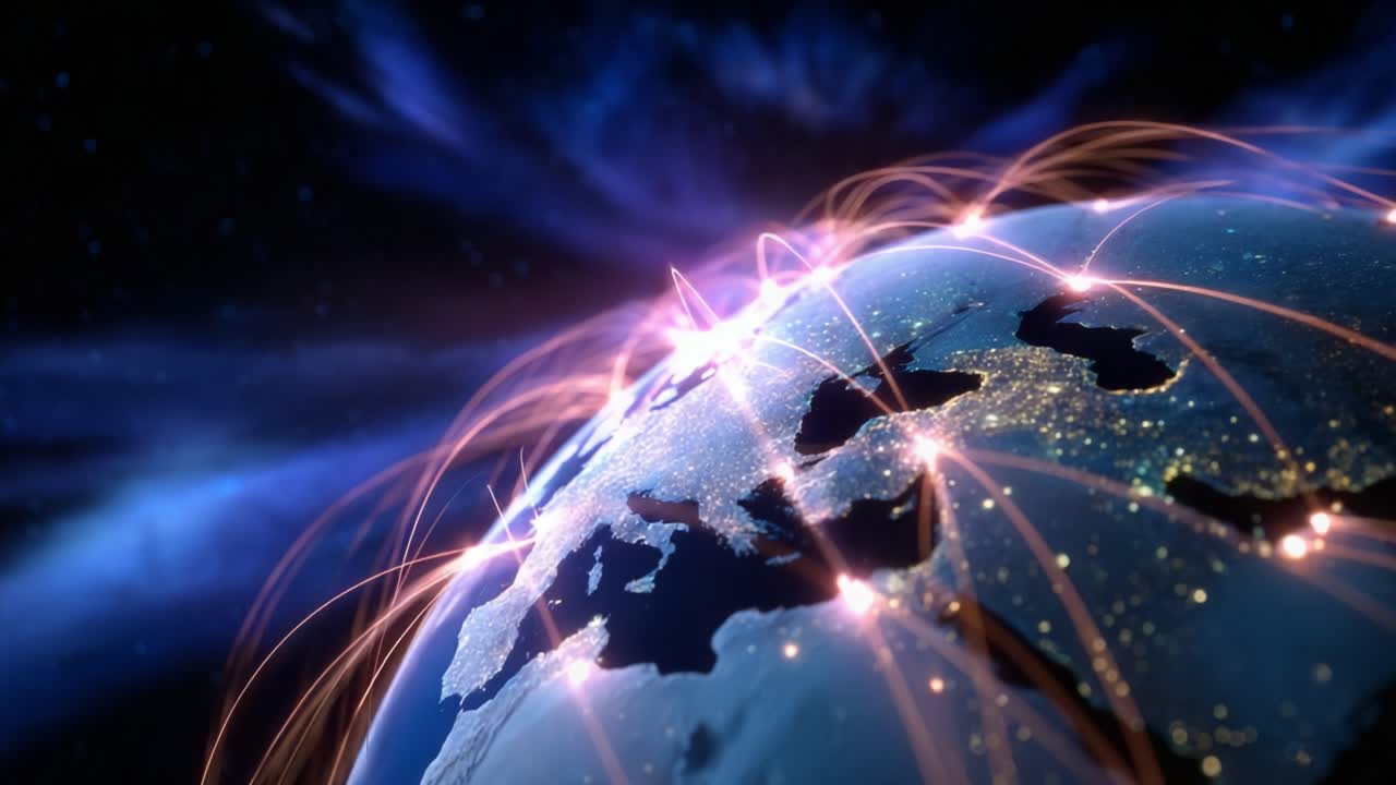 A mesmerizing visualization of a technological network across the globe, highlighting the intricate and interconnected pathways of digital communication that spans continents and unites cultures