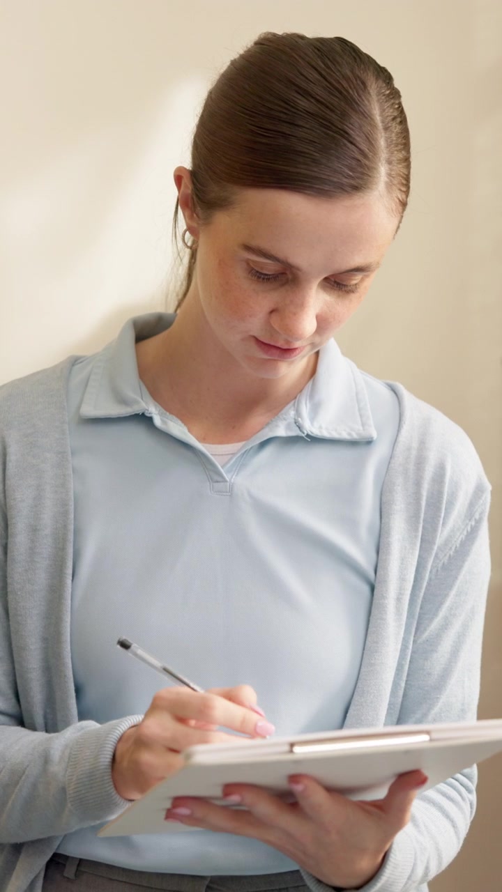 Young Woman Writing on a Clipboard in a Bright Office