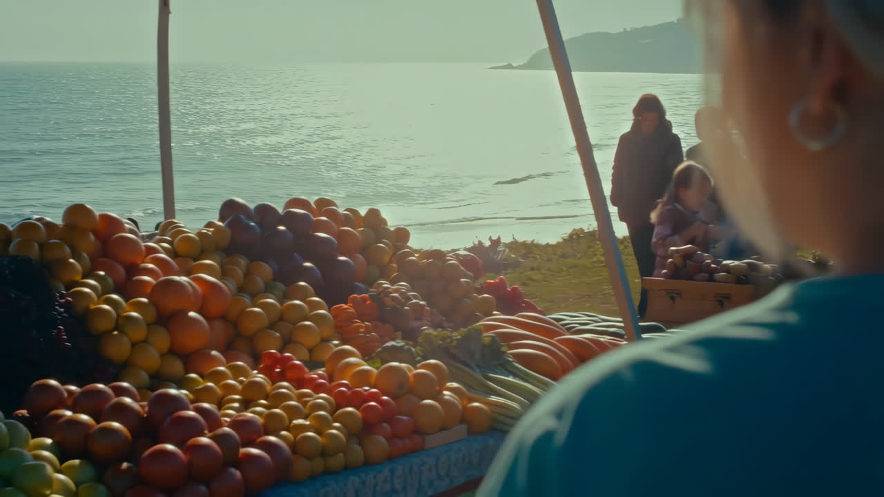 Et pulserende frugt- og grøntsagsmarked ved havet.