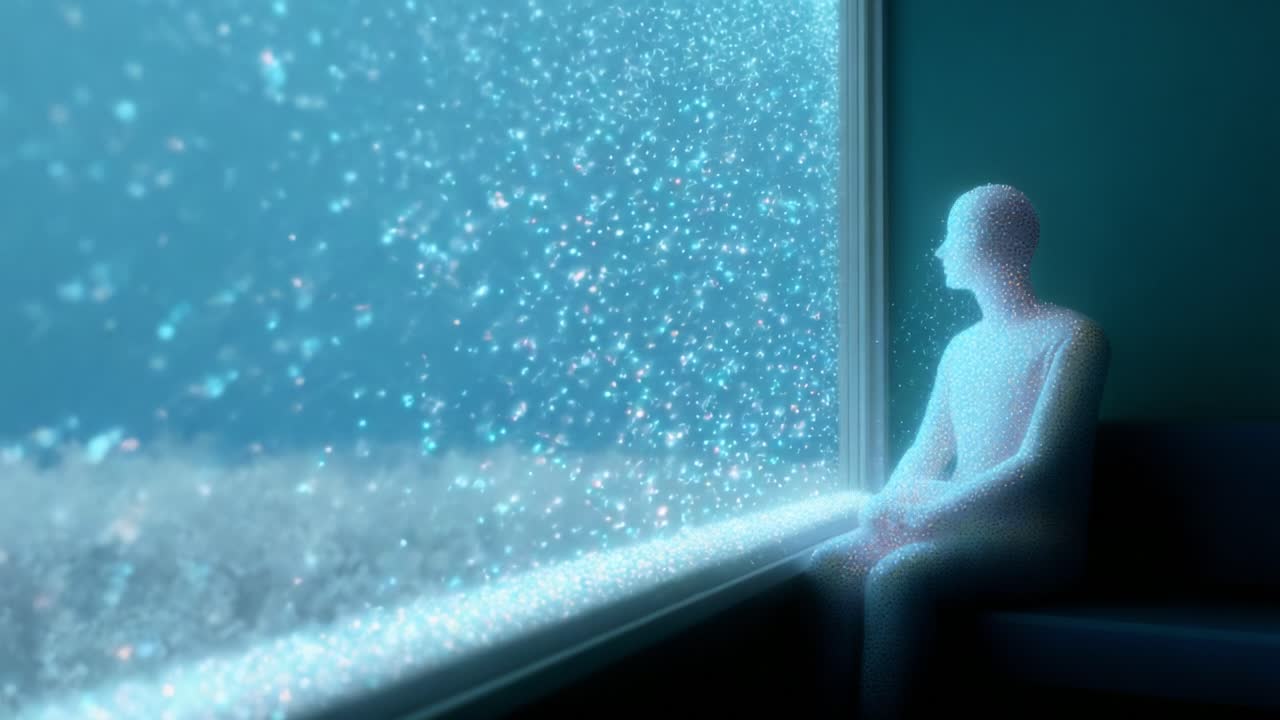 A Transcendent Glimpse into a Dreamy World: A Luminous Figure Observes a Cascade of Shimmering Particles Flowing Through a Window, Evoking a Sense of Wonder and Reflection in a Serene Setting