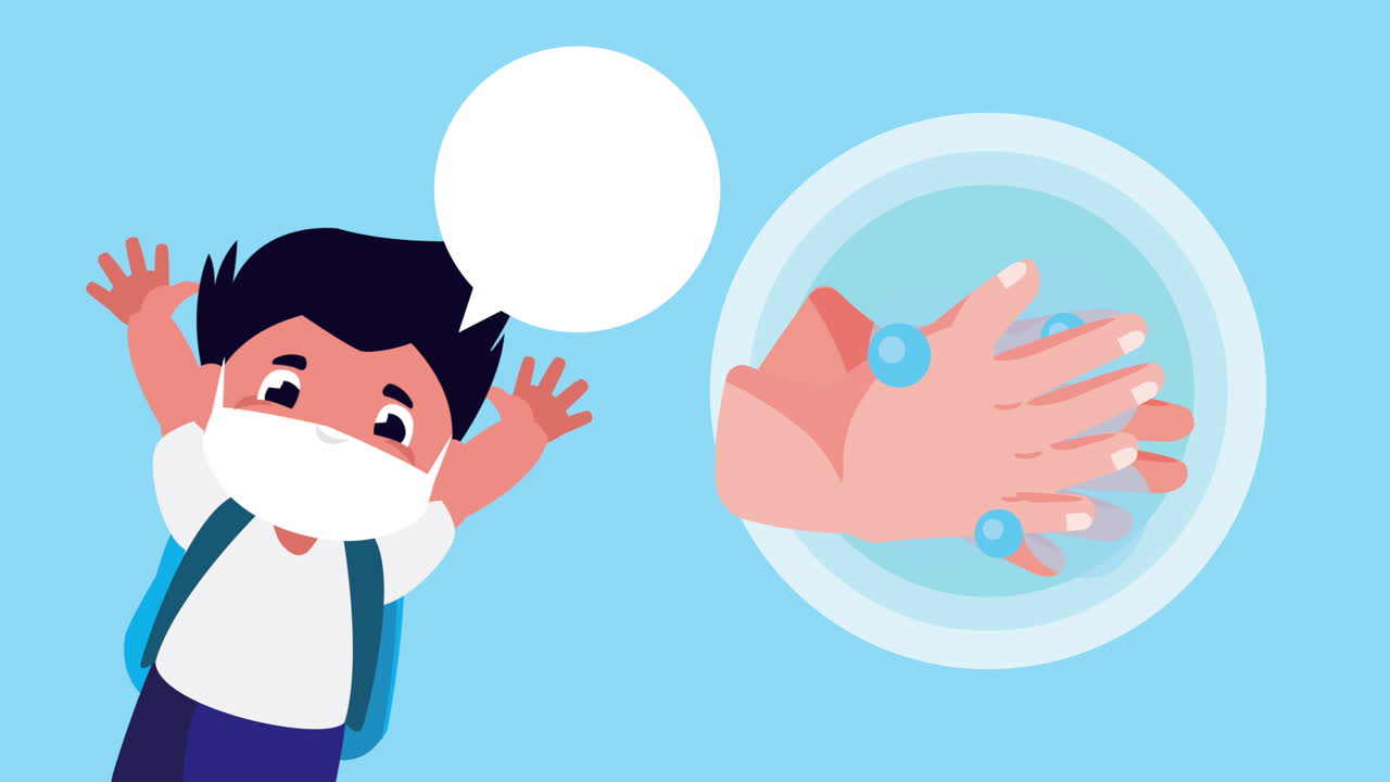 손 는 의료 마스크를 착용 한 작은 학생 소년