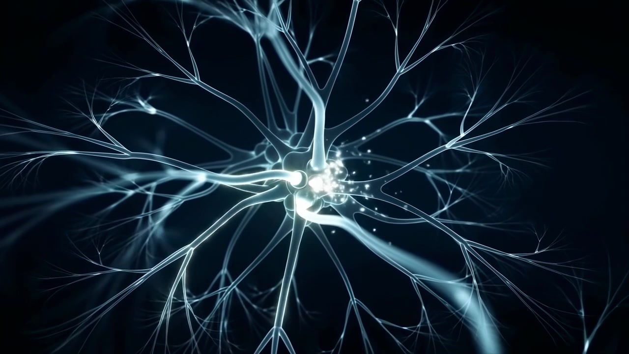 Central close-up of translucent branching neural-like cluster showing concentrated luminescent burst at nodal core while glow travels along selected tubular branches and fine particles drift through