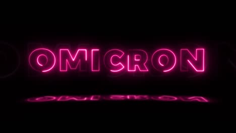 word 'omicron' neon glowing on a black background with reflections on a floor. neon glow signs in seamless loop motion graphic