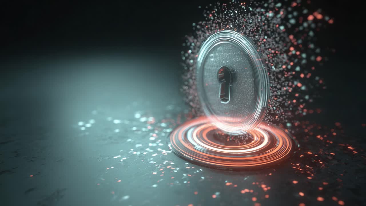 A captivating visual representation of a glowing keyhole at the center, surrounded by shimmering particles and a circular symbol, emphasizing themes of security and mystery in a digital landscape