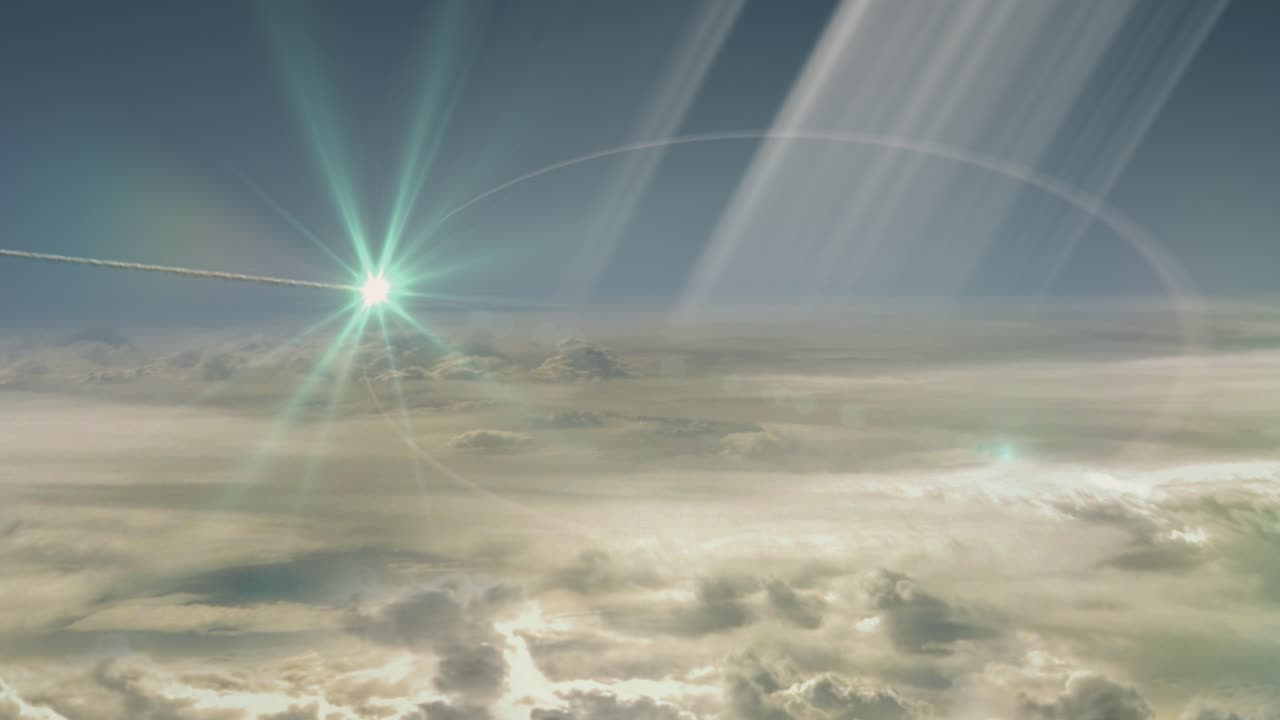 Dramatic 3D CGI animated render of the Cassini spacecraft on its death dive and glowing like a star, as it races through the atmosphere of the planet Saturn, with Saturn's rings visible in the sky