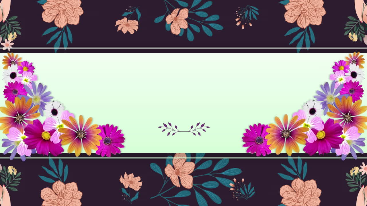 Animação de flores e padrão floral com espaço para texto em fundo verde.