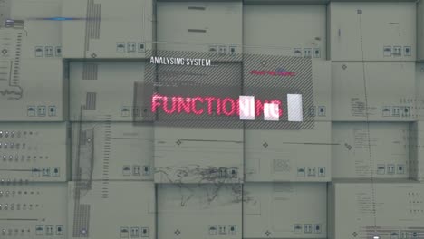 digital interface with data processing against stack of boxes in background