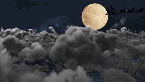 animación de santa claus en trineo con renos sobre nubes y luna