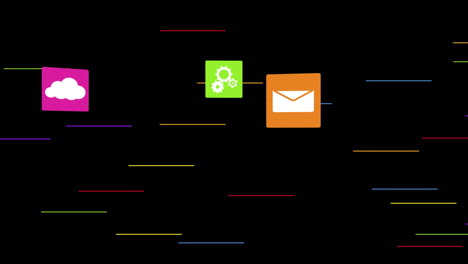 animación de líneas y cuadrados coloridos con iconos en fondo negro