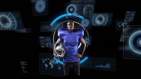 Animation-of-african-american-male-rugby-player-over-scope-scanning-on-black-background