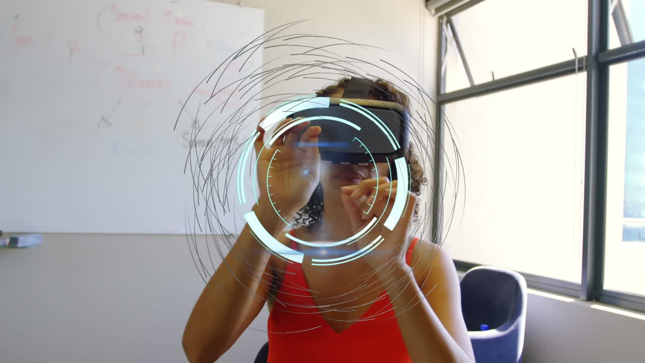 animación del globo con una red de conexiones sobre una mujer de negocios con auriculares vr