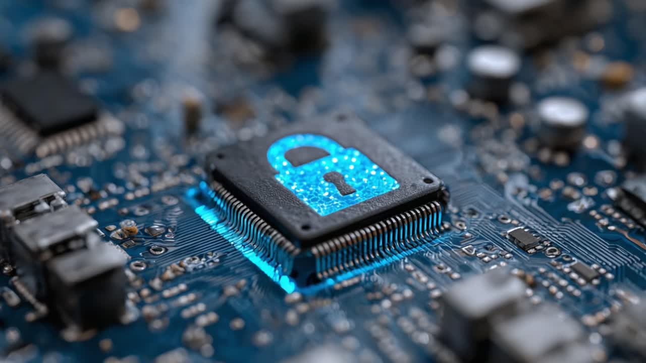 A Close-Up View of a Microchip Featuring a Digital Lock Icon, Symbolizing Advanced Cybersecurity Technology and Protection Against Digital Threats